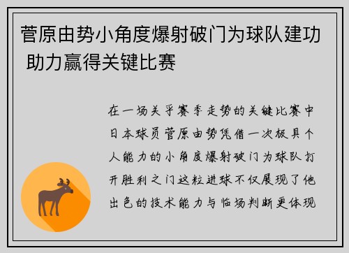 菅原由势小角度爆射破门为球队建功 助力赢得关键比赛